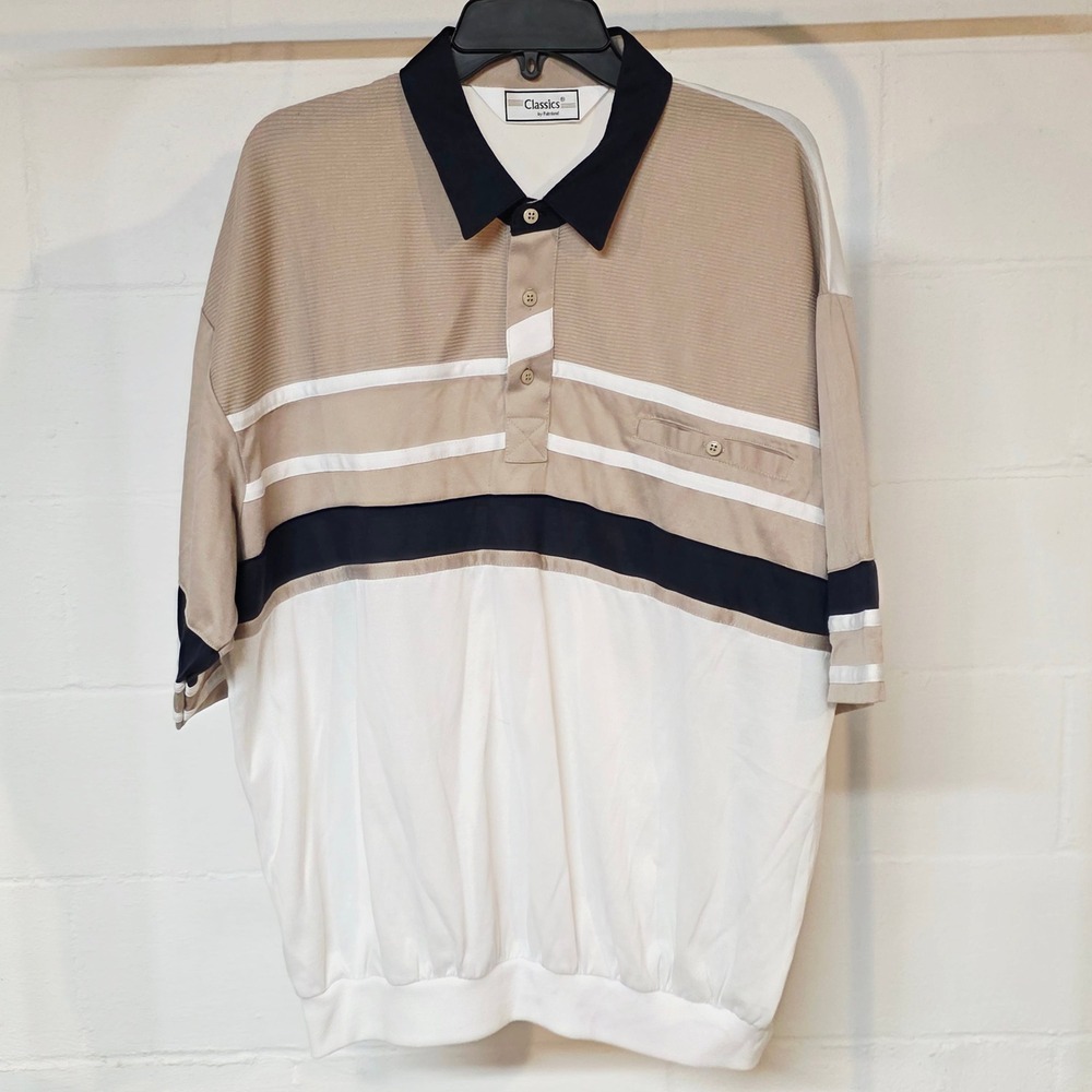 Vintage Classics by Palmland Mens 2XLT Colorblock‎ Striped Shirt Tan Navy White